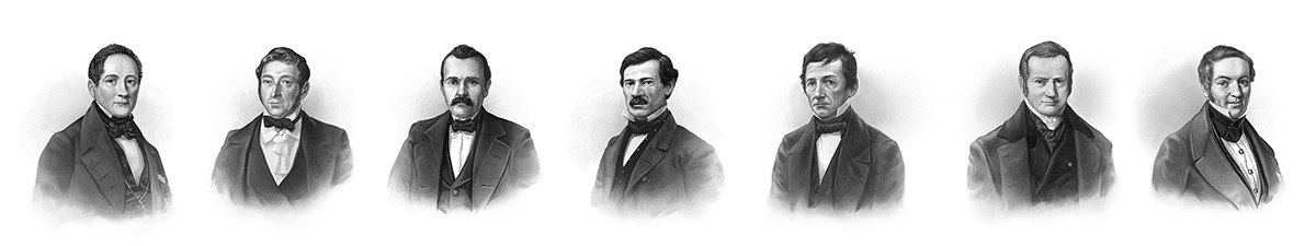 Membres de la Commission constitutionnelle fédérale (de gauche à droite) : Friedrich Frey-Herosé (AG), Johann Konrad Oertli (AR), Ulrich Ochsenbein (BE), Karl Sitteler (BL), Johann Georg Fürstenberger (BS), Felix Sarasin (BS), Jean-François-Marcellin Bussard (FR). (Gravures de Markus Roost / Editions Echtzeit / KEYSTONE) Membres de la Commission constitutionnelle fédérale (de gauche à droite) : Friedrich Frey-Herosé (AG), Johann Konrad Oertli (AR), Ulrich Ochsenbein (BE), Karl Sitteler (BL), Johann Georg Fürstenberger (BS), Felix Sarasin (BS), Jean-François-Marcellin Bussard (FR). (Gravures de Markus Roost / Editions Echtzeit / KEYSTONE)