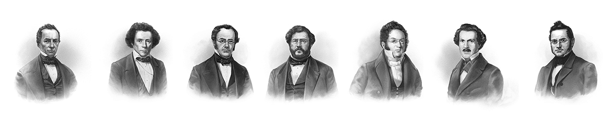 Membres de la Commission constitutionnelle fédérale (de gauche à droite) : Josef Munzinger (SO), Melchior Diethelm (SZ), Johann Konrad Kern (TG), Giacomo Luvini-Perseghini (TI), Henri Druey (VD), Franz Müller (ZG), Jonas Furrer (ZH). (Gravures de Markus Roost / Editions Echtzeit / KEYSTONE) Membres de la Commission constitutionnelle fédérale (de gauche à droite) : Josef Munzinger (SO), Melchior Diethelm (SZ), Johann Konrad Kern (TG), Giacomo Luvini-Perseghini (TI), Henri Druey (VD), Franz Müller (ZG), Jonas Furrer (ZH). (Gravures de Markus Roost / Editions Echtzeit / KEYSTONE)
